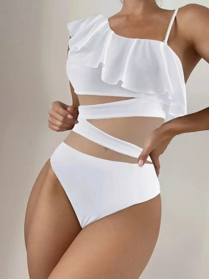 Ruffle Contrast Mesh Swimsuit Women One Piece Swimwear Bodysuit Bathers Bathing Swimming Swim Suit Sports Beachwear