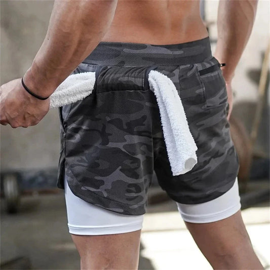 Camouflage running shorts for men's gym sports shorts 2-in-1 quick drying exercise training gym fitness jogging shorts for summer