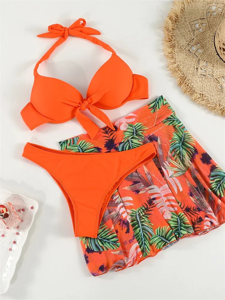 Halter Bikini Swimsuit Push Up Swimwear Bandage Women Plant Print Bath Suit Beach Cover Up Summer