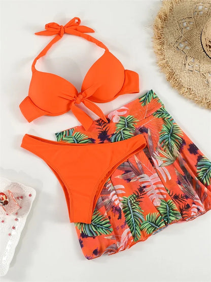 Halter Bikini Swimsuit Push Up Swimwear Bandage Women Plant Print Bath Suit Beach Cover Up Summer