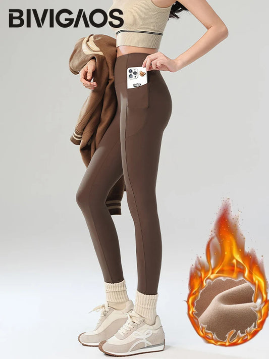 Winter Fleece Pocket Sharkskin Leggings Women High Waist Tight-Fit Velvet Thickened Warm Sports Running Leggings