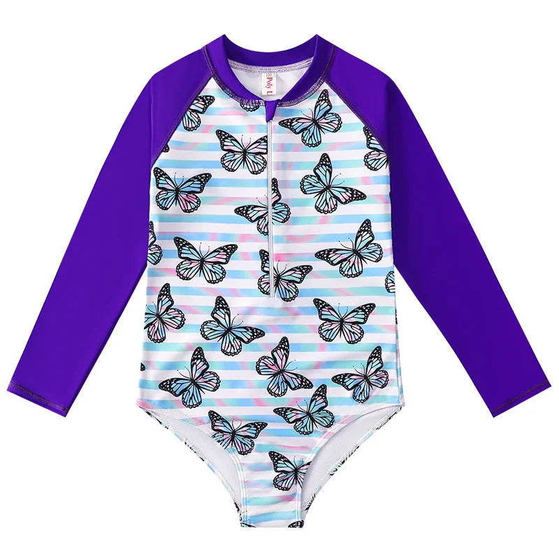 European And American Style Girls One-piece Swimsuit 4-12Years Kids Long Sleeves Broken Flowers Print Bathing Suit