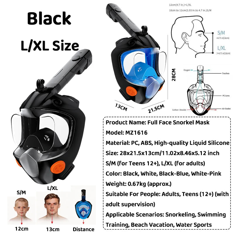 Full Face Snorkel Mask - Dry Snorkel , Anti-Fog , Leak-Proof  Panoramic View Swimming Diving Beach Water Sports for Adults Teens