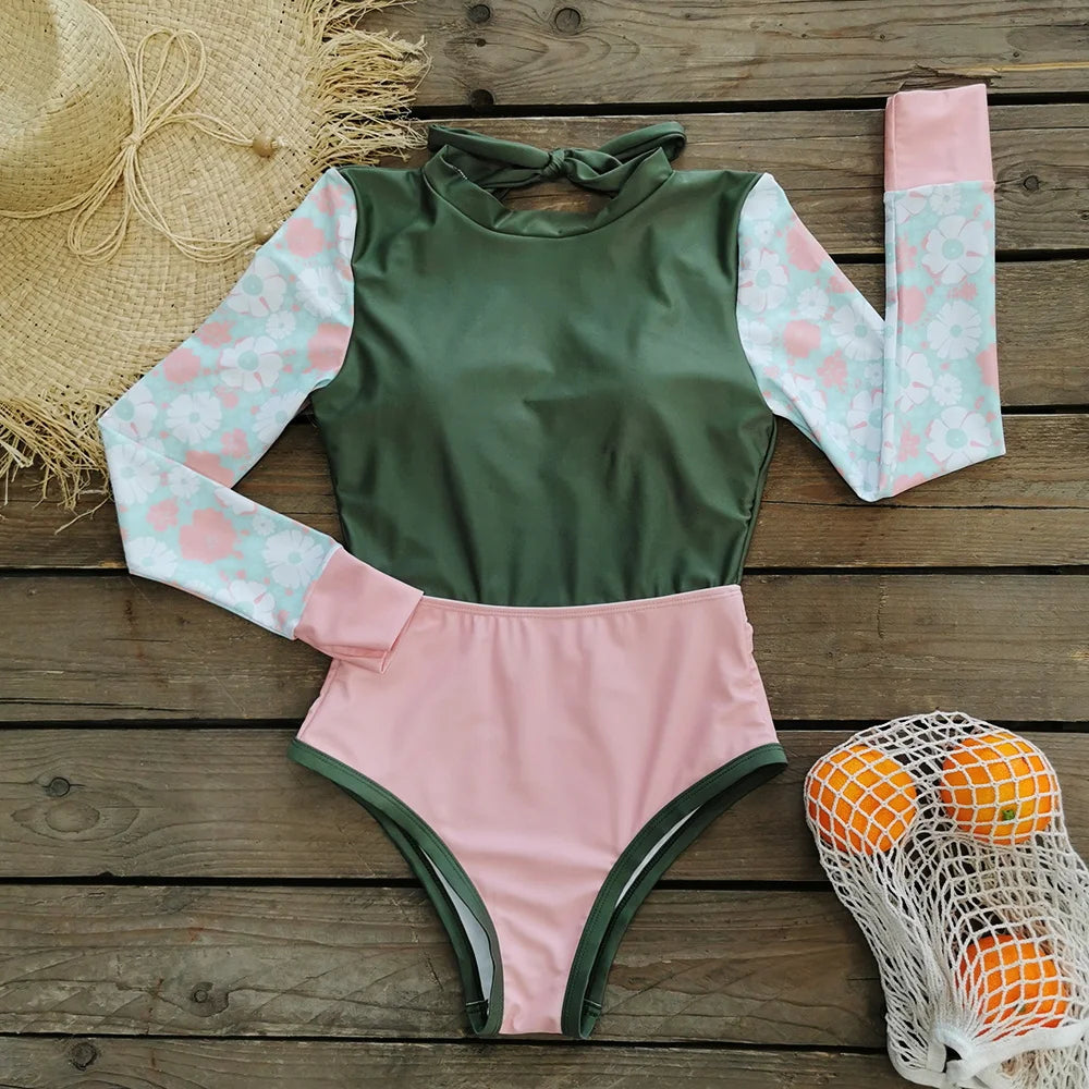 Patchwork One-Piece Swimsuit Long Sleeve Swimwear Sports Backless Women's Swimming Bathing Suit Beach Wear Bather Surfing