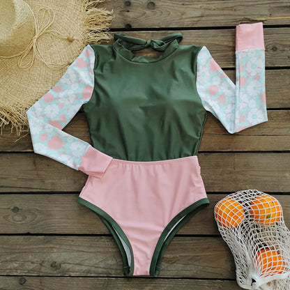 Patchwork One-Piece Swimsuit Long Sleeve Swimwear Sports Backless Women's Swimming Bathing Suit Beach Wear Bather Surfing