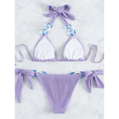 Halter Shiny Ring Ribbed Bikini Female Swimsuit Women Swimwear Two-pieces Bikini set Brazilian Bather Bathing Suit Swim