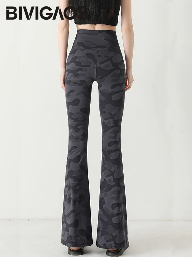Spring/Summer Thin Camouflage Sharkskin Flared Leggings Women Fashion Tight Slimming Elastic Flared Pants