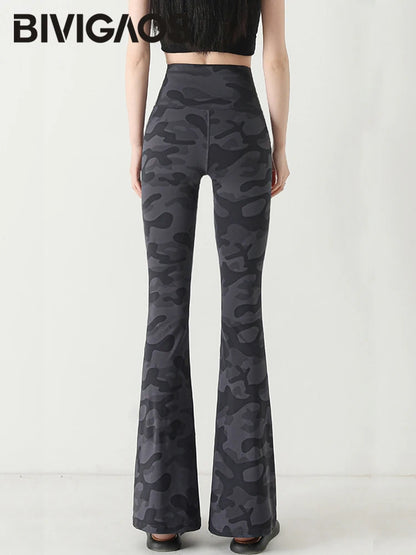 Spring/Summer Thin Camouflage Sharkskin Flared Leggings Women Fashion Tight Slimming Elastic Flared Pants