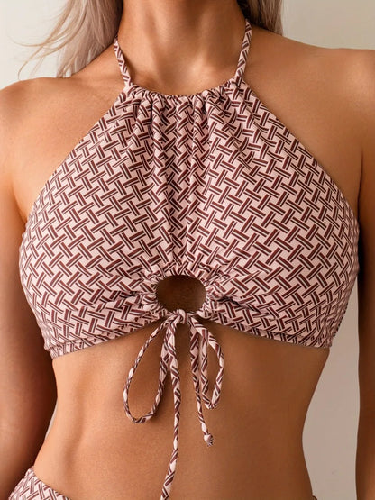 Halter Bikinis Print High Waist Swimsuit Women Hollow Out Swimwear Female Bathers Bathing Swimming Suit Beachwear Summer