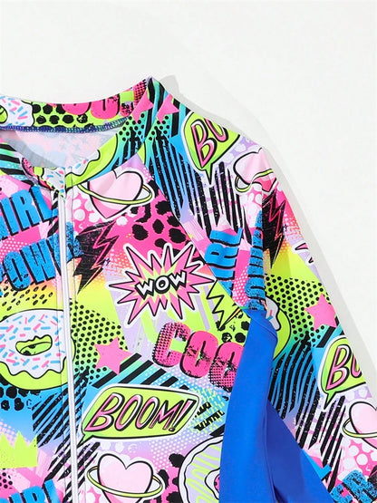 Two Piece Swimsuit Girls Kids Print Long Sleeve Zipper Children Swimwear Summer Bodysuit Shorts Bathing Suits Swimming