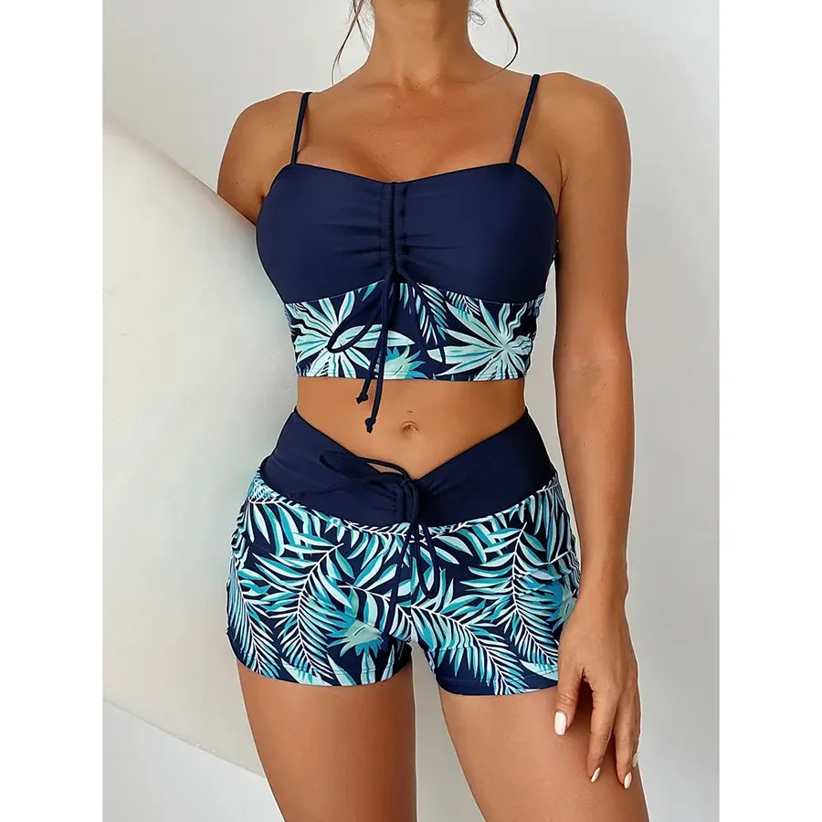 Women Summer Beach Drawstring Tropical Plant Printed Shorts Bikini Set, Random Print