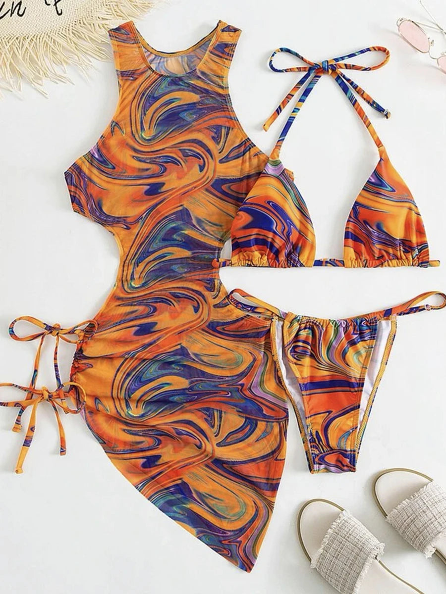 3 Piece Print Halter Triangle Bikini Sets Women Cover Up Swimwear Summer Swimsuit Female Bathing Swimming Suit Beachwear