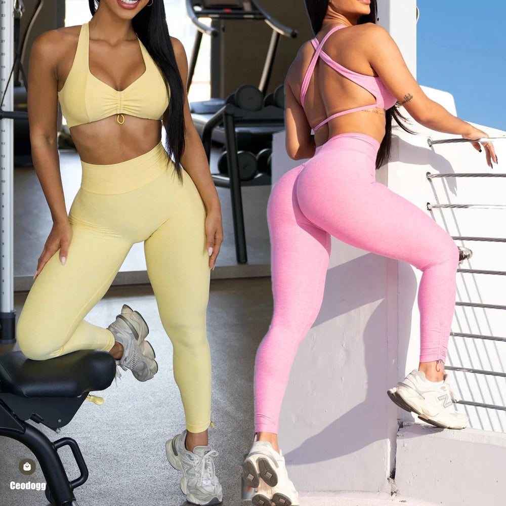 2PCS Pad Yoga Set Women Sportswear Workout Clothes Athletic Wear Gym Legging Fitness Bra Crop Top Short Sleeves Sports Suit