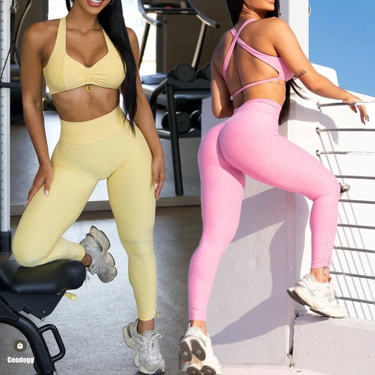 2PCS Pad Yoga Set Women Sportswear Workout Clothes Athletic Wear Gym Legging Fitness Bra Crop Top Short Sleeves Sports Suit