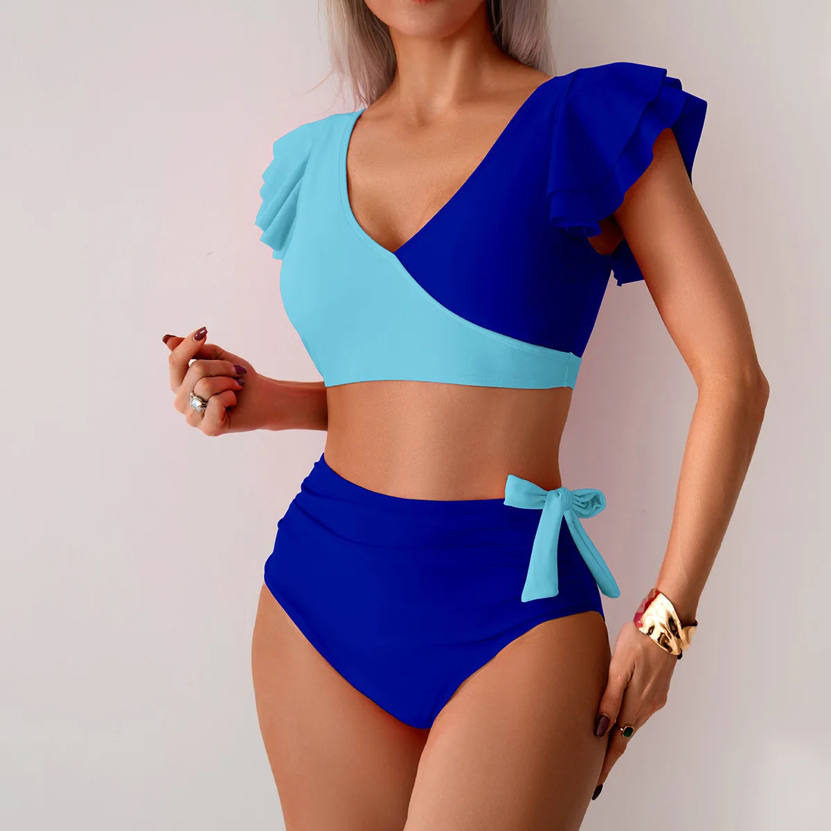 2Pcs/Set Women Bikini Set Lady Girls V-neck Ruffle Sleeve Bra Beachwear Female Swimwear High Waist Bathing Suits