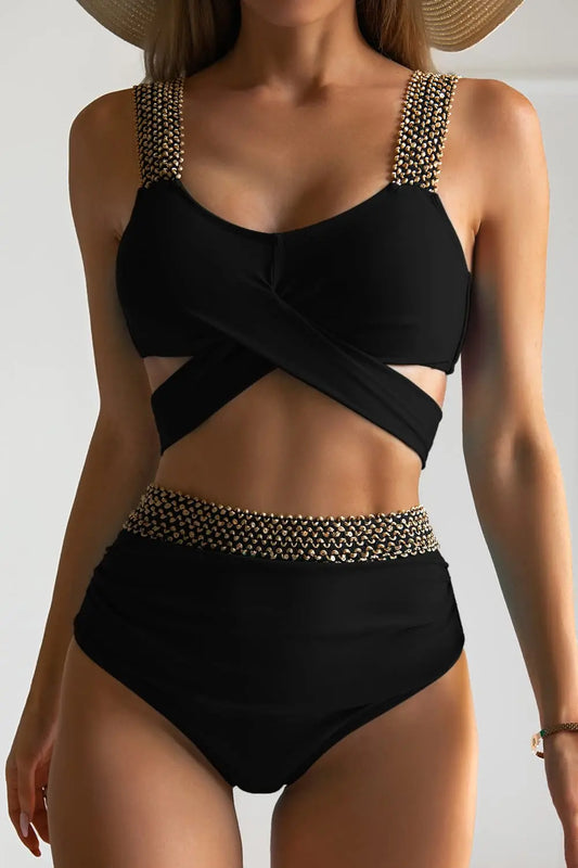 Cross High Waist Bikinis Women Black Swimwear Solid Swimsuit Female Beachwear Summer Bathers Bathing Suit Swimming