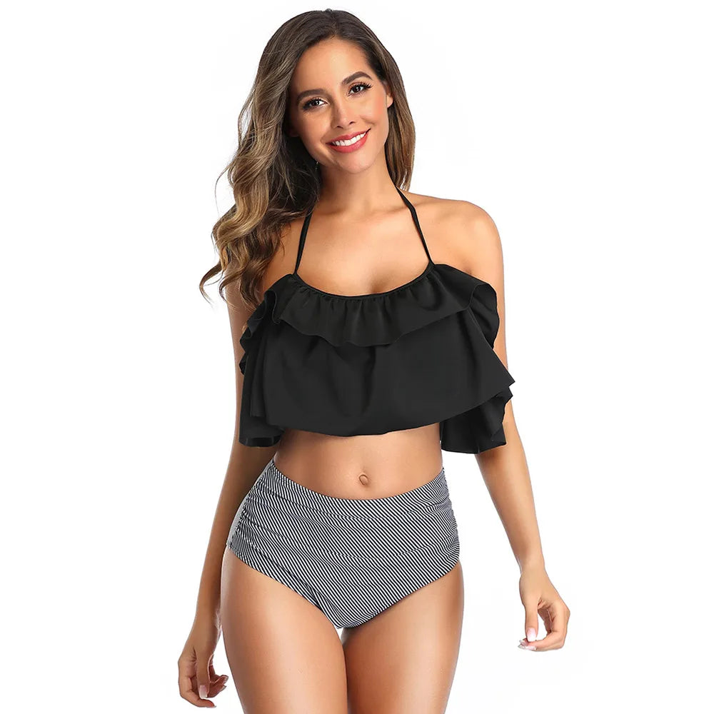 Swimwear Women Halter Ruffle Bikinis High-Waist Split Two-Piece Off Shoulder Swimsuit Pool Beachwear Bathing Suit Plus Size XXL