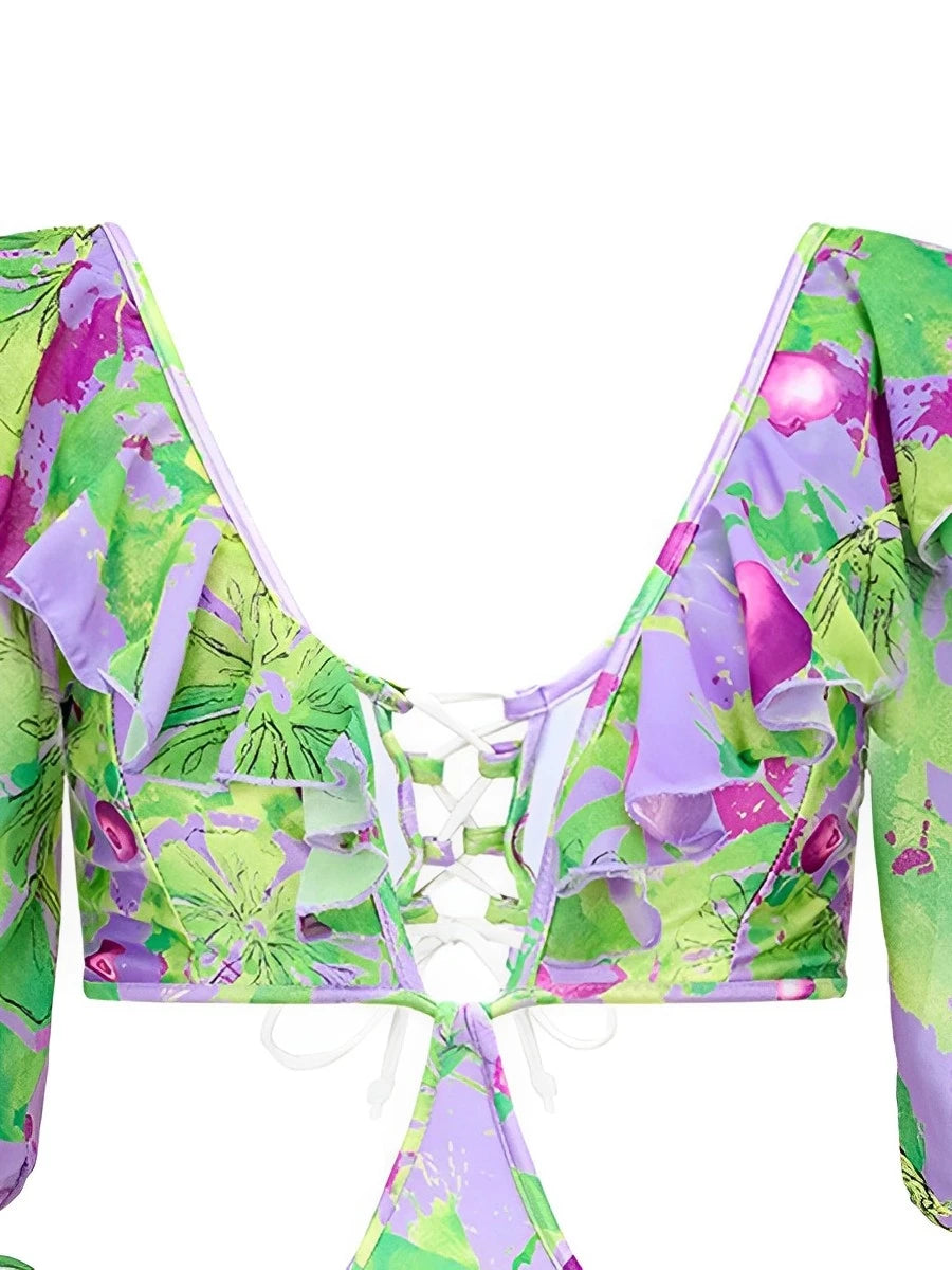 V Neck Hollow Out Print Swimsuit Women One Piece Swimwear Female Beachwear Bathers Bathing Swimming Swim Suit