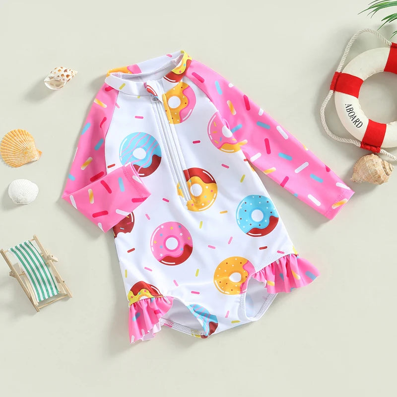 Kids Baby Girl Long Sleeve Swimsuits Ruffle Trim Donut Print Zipper Jumpsuit Swimwear Beachwear Bathing Suits 1-5T
