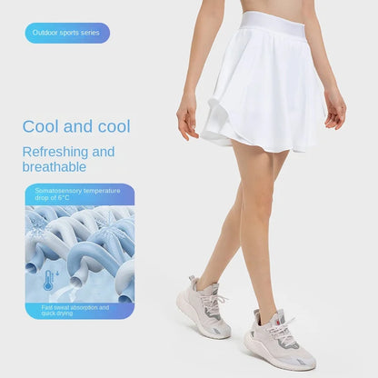 Built-in Side Pocket False 2 Pieces Tennis Skirt Summer Running Shorts Cool Fabric Cooling Quick Dry Breathable Yoga Short Women