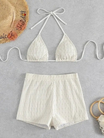 Cikini-Eyelet Embroidery Tie Back Halter Bikinis Set, Solid Swimsuit, Two-Piece Swimwear, Beach Bathing Suit for Women