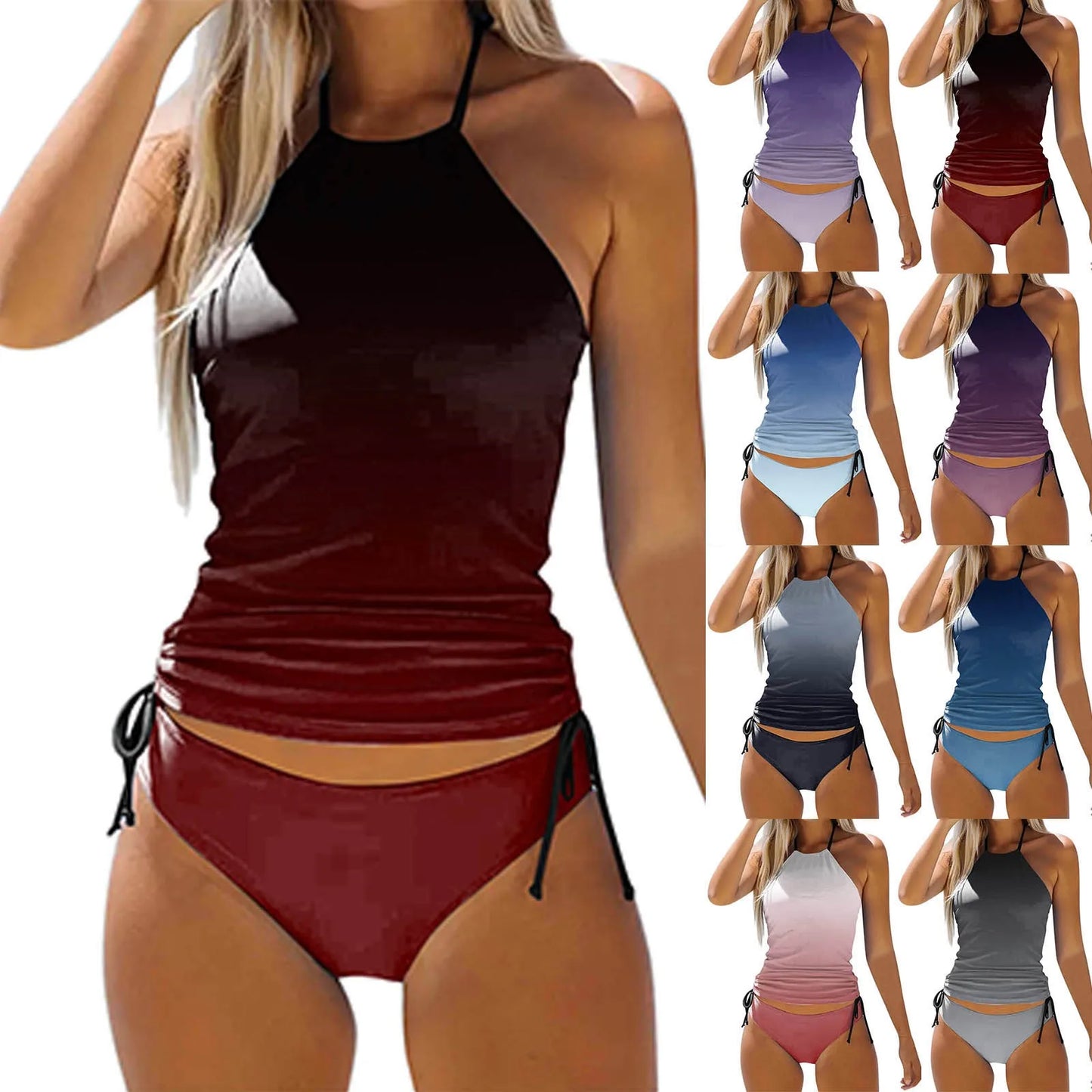 Tankini Women Gradient Ruched Split Swimsuit  Lace Up Backless Tankinis Set Summer Brazilian Tankini with Bikini Brief Set Beach Bathing Suit