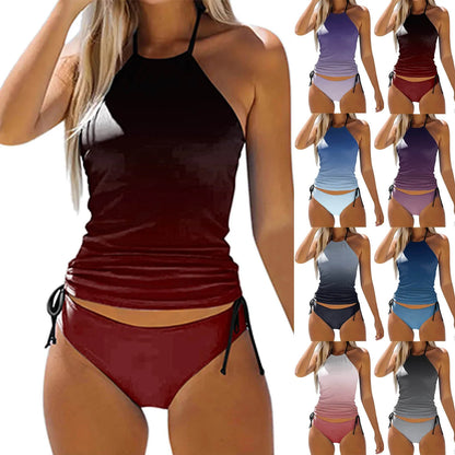 Tankini Women Gradient Ruched Split Swimsuit  Lace Up Backless Tankinis Set Summer Brazilian Tankini with Bikini Brief Set Beach Bathing Suit