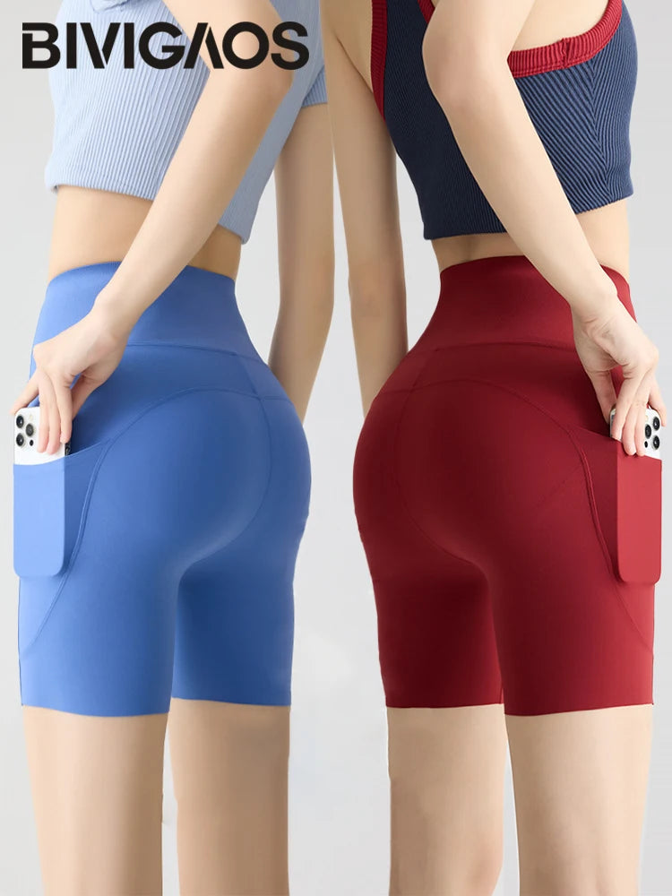Summer Pocket High Waist Sharkskin Shorts Women Tight Butt Lifter Light Feeling Sport Fitness Yoga Bicycle Shorts