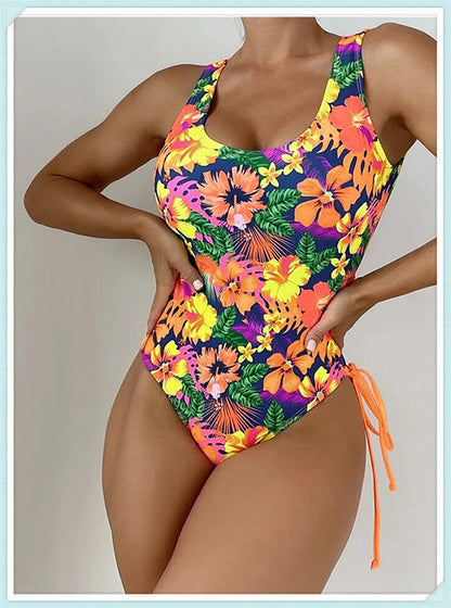 Lace Up Back Swimsuit One Piece Printed Swimwear Women Backless Bathing Swimming Suit Female Padded Beachwear Bodysuit
