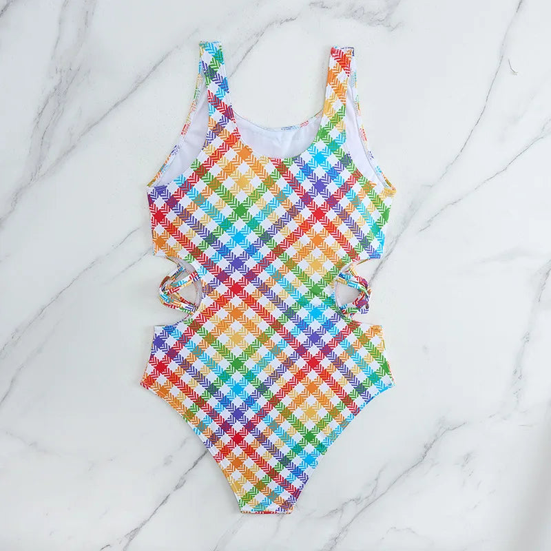 Girls Swimsuit One Piece Rainbow Plaid Kids Swimwear Children's Bathers Bathing Swimming Swim Suit Summer Beachwear