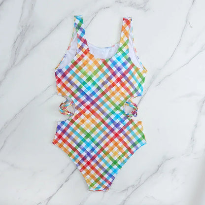 Girls Swimsuit One Piece Rainbow Plaid Kids Swimwear Children's Bathers Bathing Swimming Swim Suit Summer Beachwear