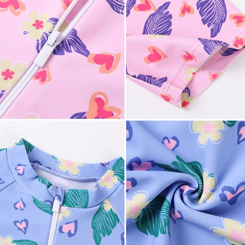 Leaf Print One Piece Girls Swimwear Kids Short Sleeve Swimsuit With Front Zipper Summer Children Swimming Suit Beachwear