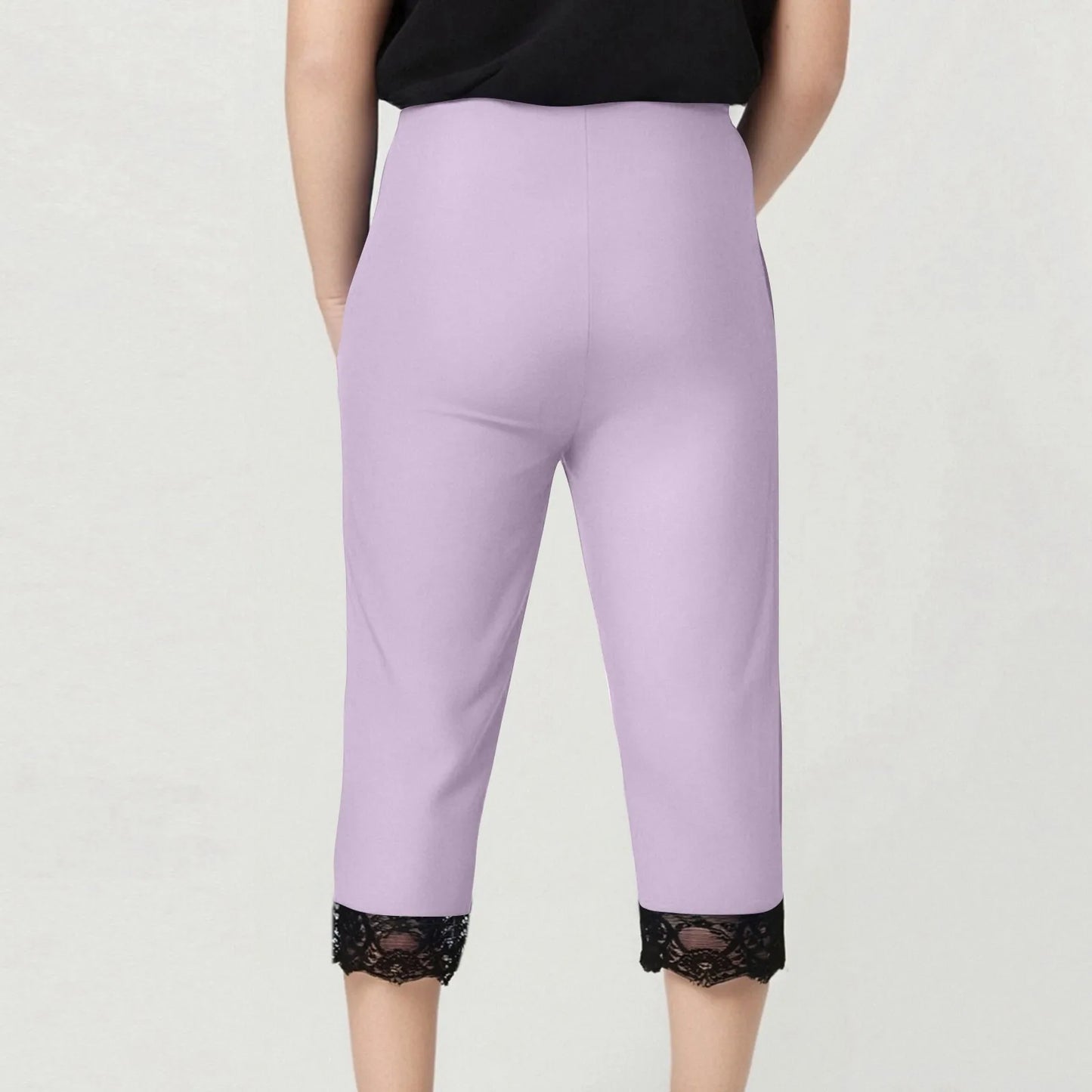 Plus size yoga pants women's fashion large solid color lace splicing bottom pants with elastic waist sports cropped pants