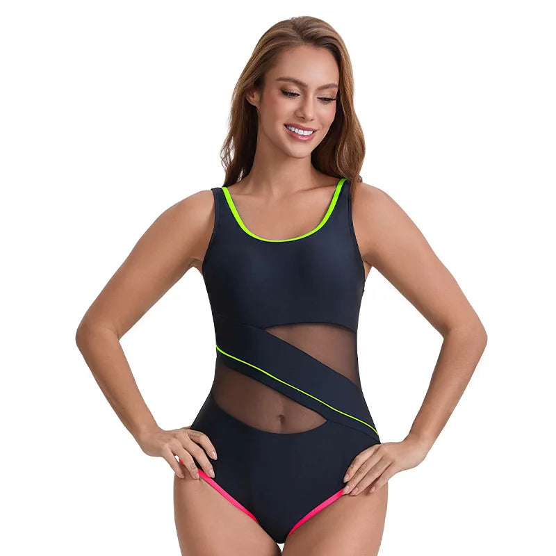 Sport Swimwear One Piece Bathing Suit for Women Swimsuits Block Colors Mesh Hollow out Beach Wear