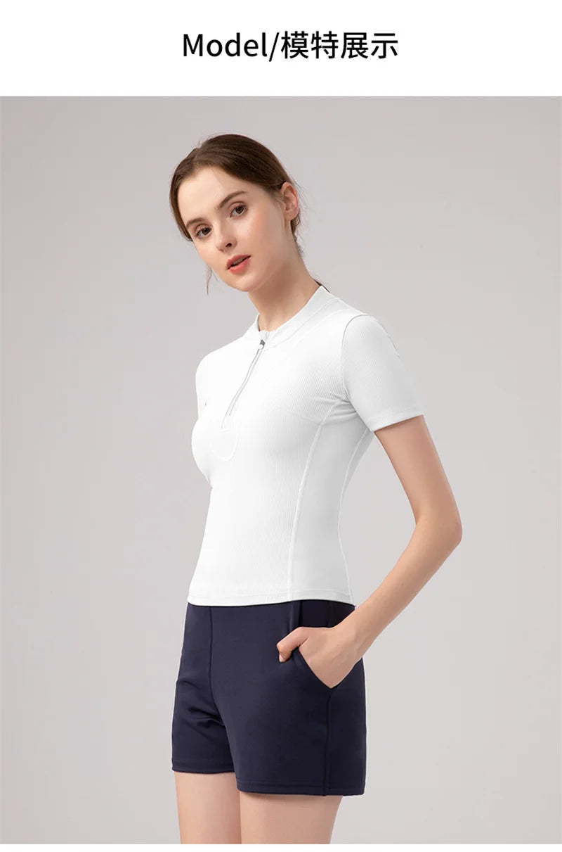 Aiithuug Women Slim Fit Gym Shirts Half Zip Workout Tops Quarter Zip Fitness Shirt Running Quicky Dry Short Sleeve Yoga Tops