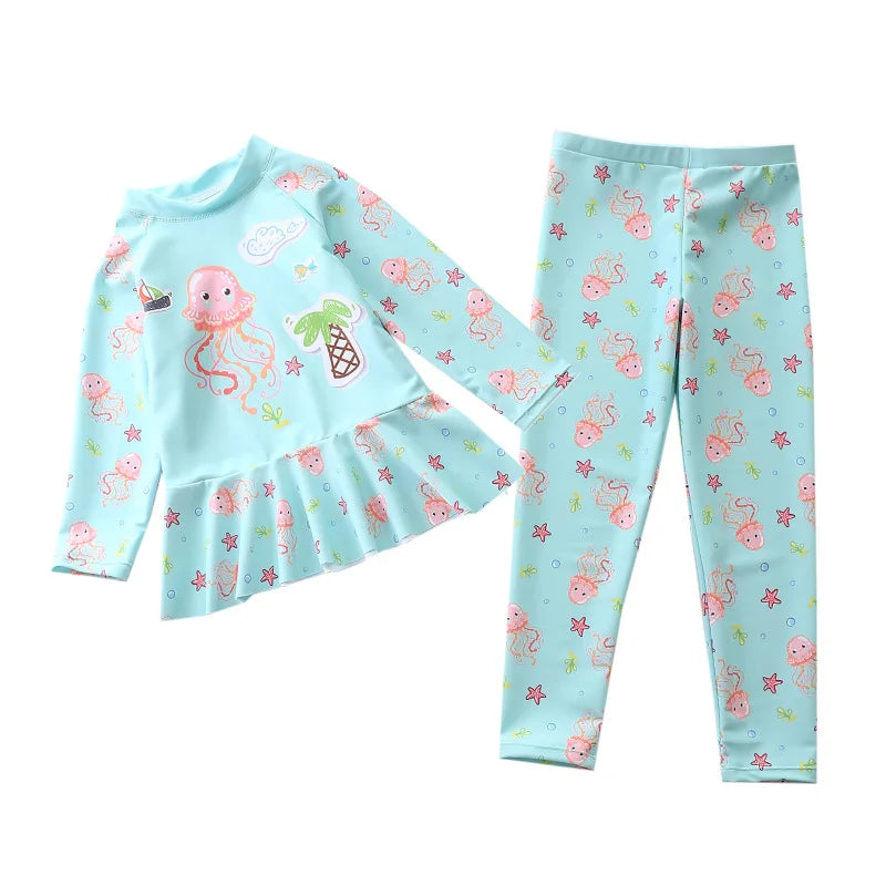Swimsuit for Girls Long Sleeve Ruffles Girls Swimwear Cartoon Print Separate Bathing Suit Kids 2 Pcs Beach Surfing Swimming Wear