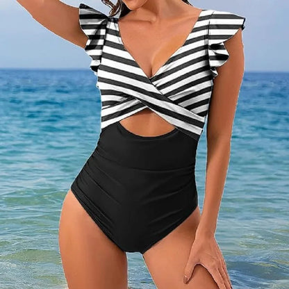 Nadanbao Fashion Elegance One-Piece Swimsuit Women Plicated Bikini Female Hollow Out Backless Flounce Beach Party Swimming Suit
