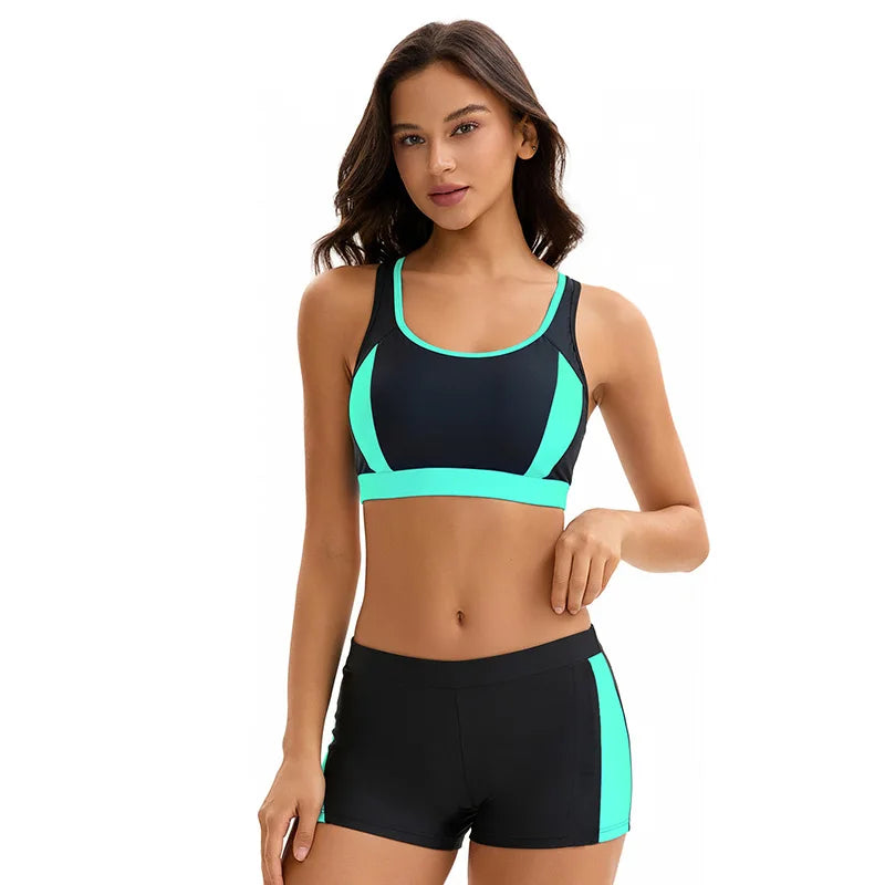 Two Piece Bikinis Swimsuits for Women Tummy Control Bathing Suit with Shorts Athletic Swimwear  Block Color Swimming Wear