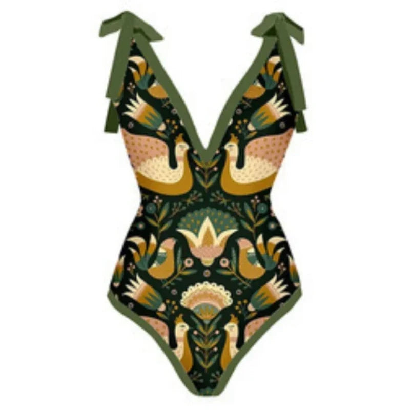One Piece Swimsuit Swimwear Women Big Ruffle V-neck Print Beachwear Bathing Suit