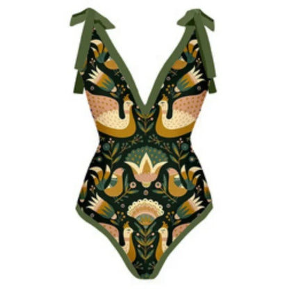 One Piece Swimsuit Swimwear Women Big Ruffle V-neck Print Beachwear Bathing Suit