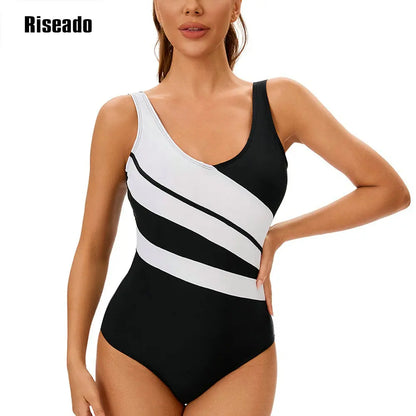 One Piece Swimsuit Women U Back Color Block Print Bathing Suits Athletic Modest Swimwear