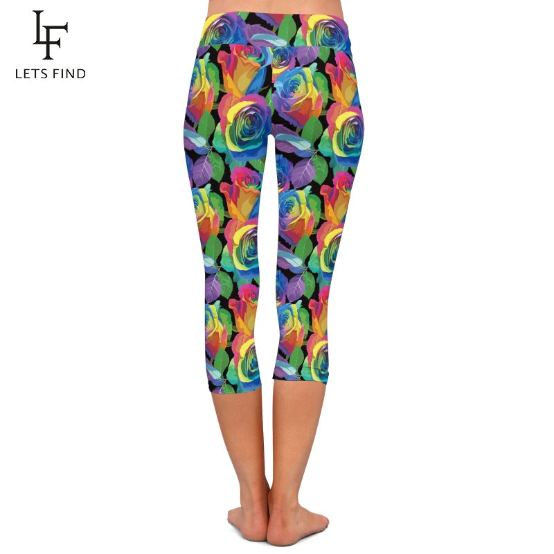 Colorful Flower Print High Waist Leggings Fashion  Women Casual Capri Leggings