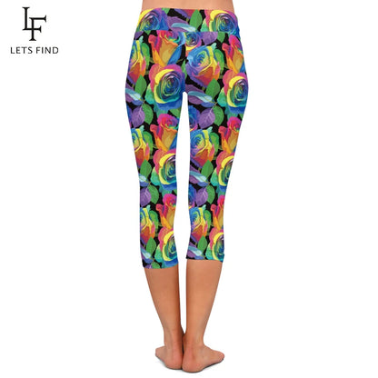 Colorful Flower Print High Waist Leggings Fashion  Women Casual Capri Leggings