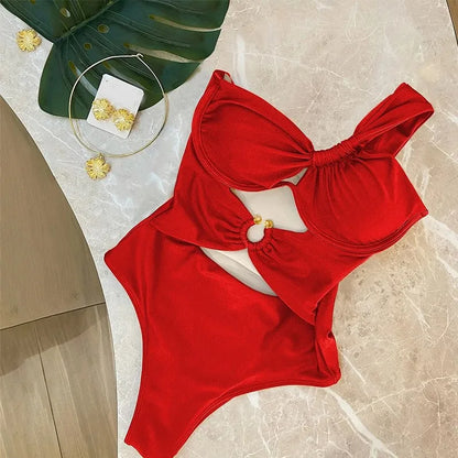 Women One-Piece Swimsuit One Shoulder Padded Swimwear Bikini Set Chain Bathing Suit Beachwear