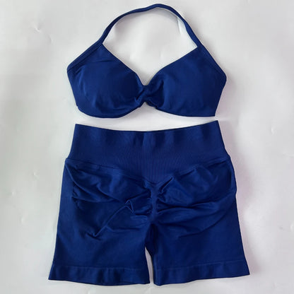 2PCS Gym Set Women Strappy Yoga Bra Top High Waist Workout Scrunch Shorts Sports Suit Seamless Yoga Set Fitness Clothes