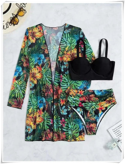 3 Piece Bikini Set Women Cover Up Swimwear Female Tropical Printed Swimsuit Push Up Beachwear Long Sleeve Bathing Suit