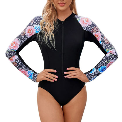 Swimwear Women's Long Sleeve Rash Guard Zipper Surfing Swimsuit Contrast Color Long Sleeve Bathing Suit Summer Beachwear