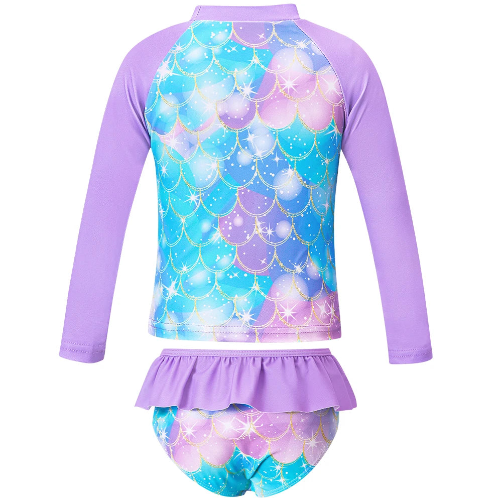 Toddler Girls Swimsuit Summer Beach Tankini Long Sleeve Two Piece Bathing Suit Quick Dry Surfing Mermaid Unicorn Swimwear