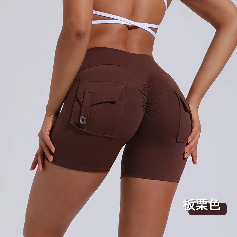 Scrunch Women Button Booty Pocket Sports Yoga Shorts Cycling Jogging Fitness High Waist Squat Proof Gym Active Leggings