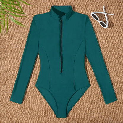 Red Slim Rush Guard Long Sleeve Surfing Swimsuit Women With Zipper Solid Swimwear Female Bathers Bathing Swimming Swim Suit XXL